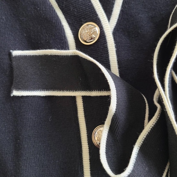 Black Knit Belted Dress Long Sleeve, Button Through Contrast White Piping Trim - Picture 11 of 11